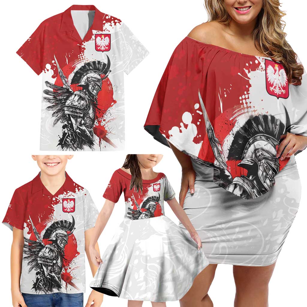 Polish Winged Hussar Family Matching Off Shoulder Short Dress and Hawaiian Shirt Grunge Style