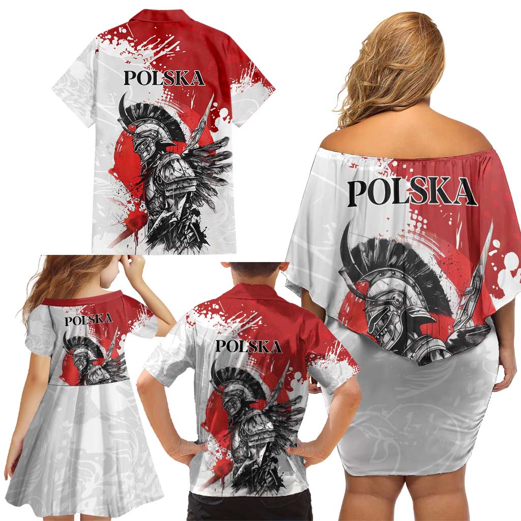Polish Winged Hussar Family Matching Off Shoulder Short Dress and Hawaiian Shirt Grunge Style