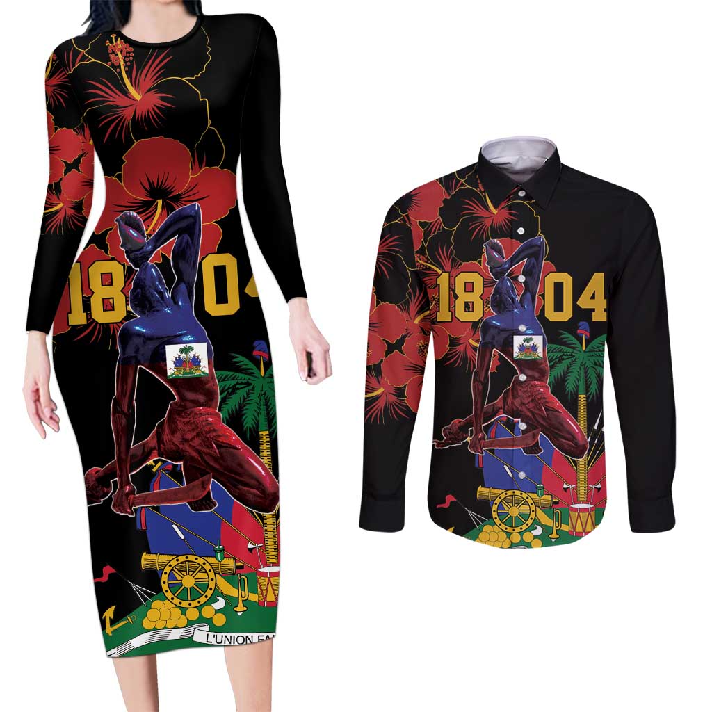 Haiti Negre Marron Couples Matching Long Sleeve Bodycon Dress and Long Sleeve Button Shirt Libete Egalite Fratenite