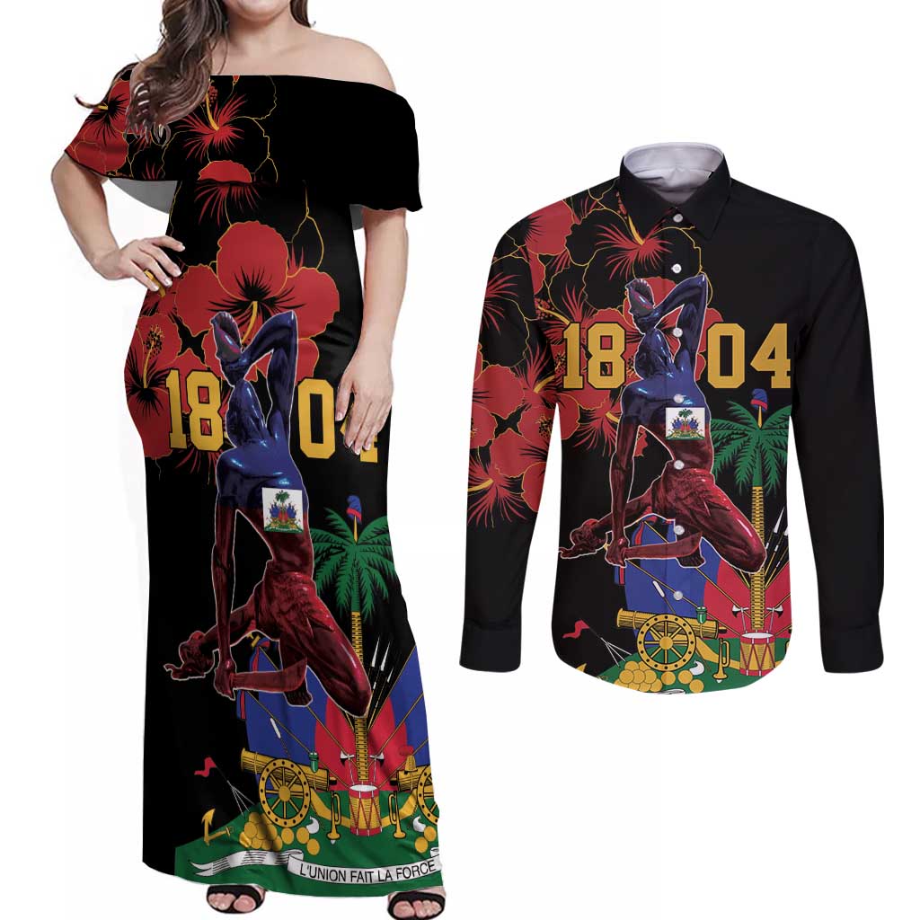 Haiti Negre Marron Couples Matching Off Shoulder Maxi Dress and Long Sleeve Button Shirt Libete Egalite Fratenite