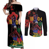 Haiti Negre Marron Couples Matching Off Shoulder Maxi Dress and Long Sleeve Button Shirt Libete Egalite Fratenite