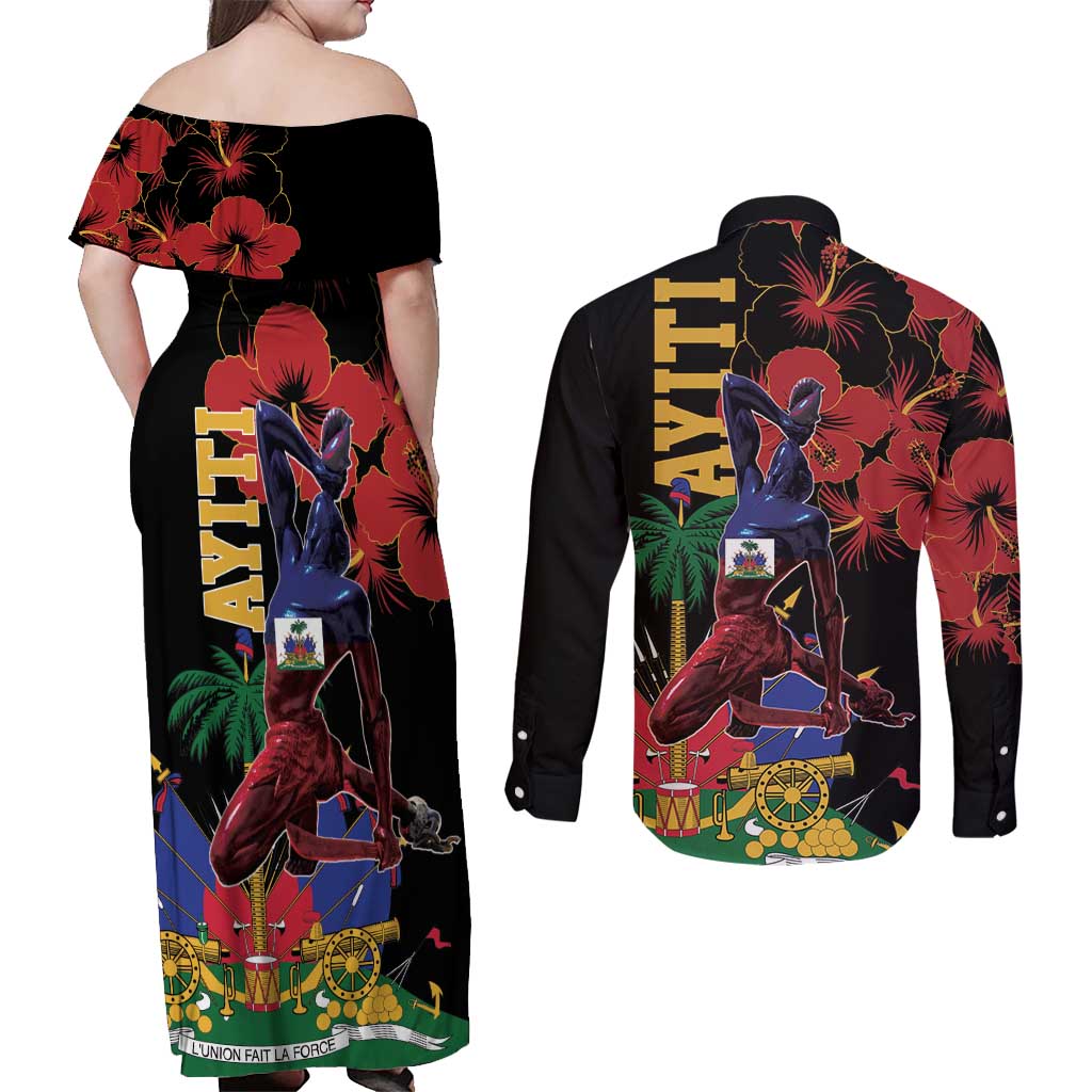 Haiti Negre Marron Couples Matching Off Shoulder Maxi Dress and Long Sleeve Button Shirt Libete Egalite Fratenite