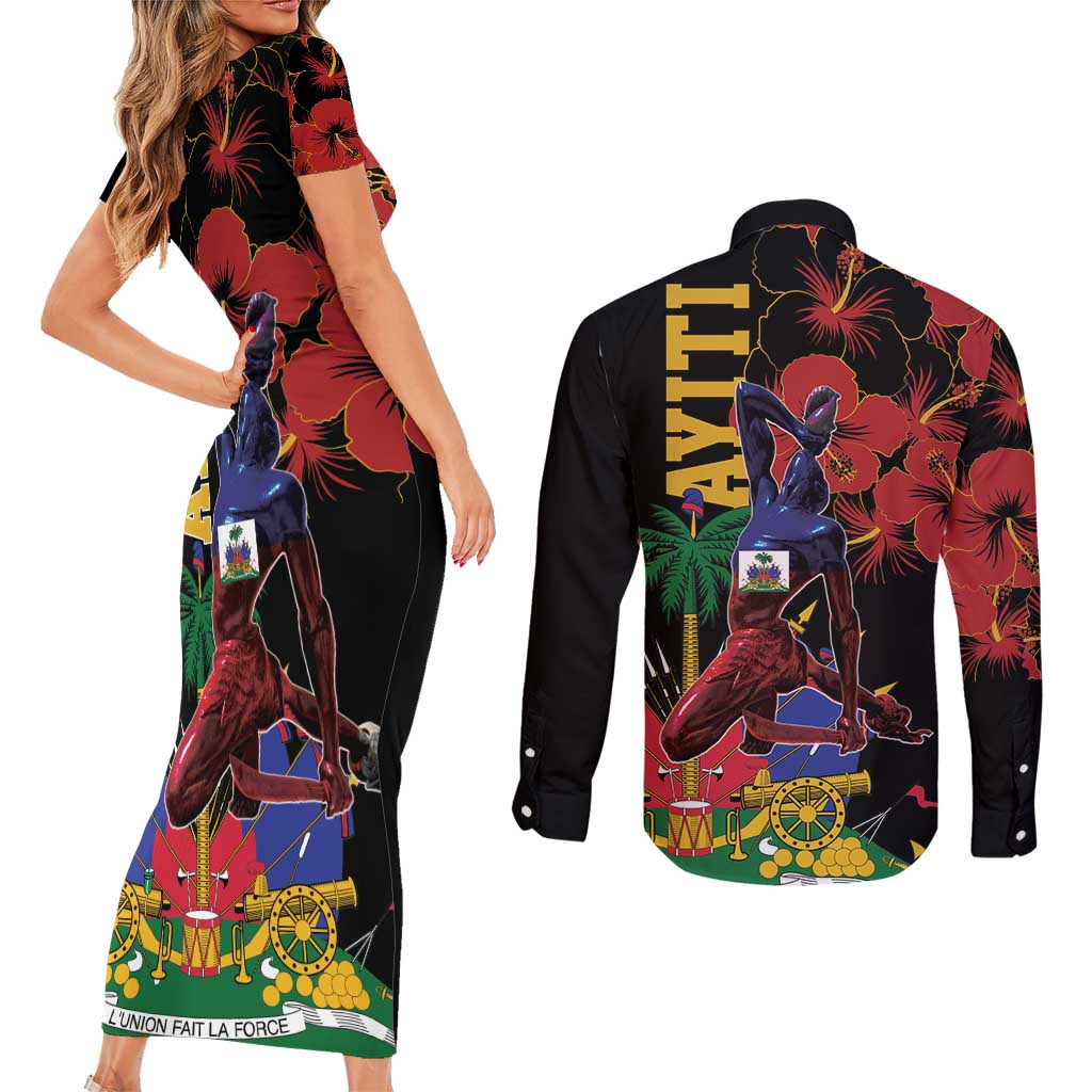 Haiti Negre Marron Couples Matching Short Sleeve Bodycon Dress and Long Sleeve Button Shirt Libete Egalite Fratenite