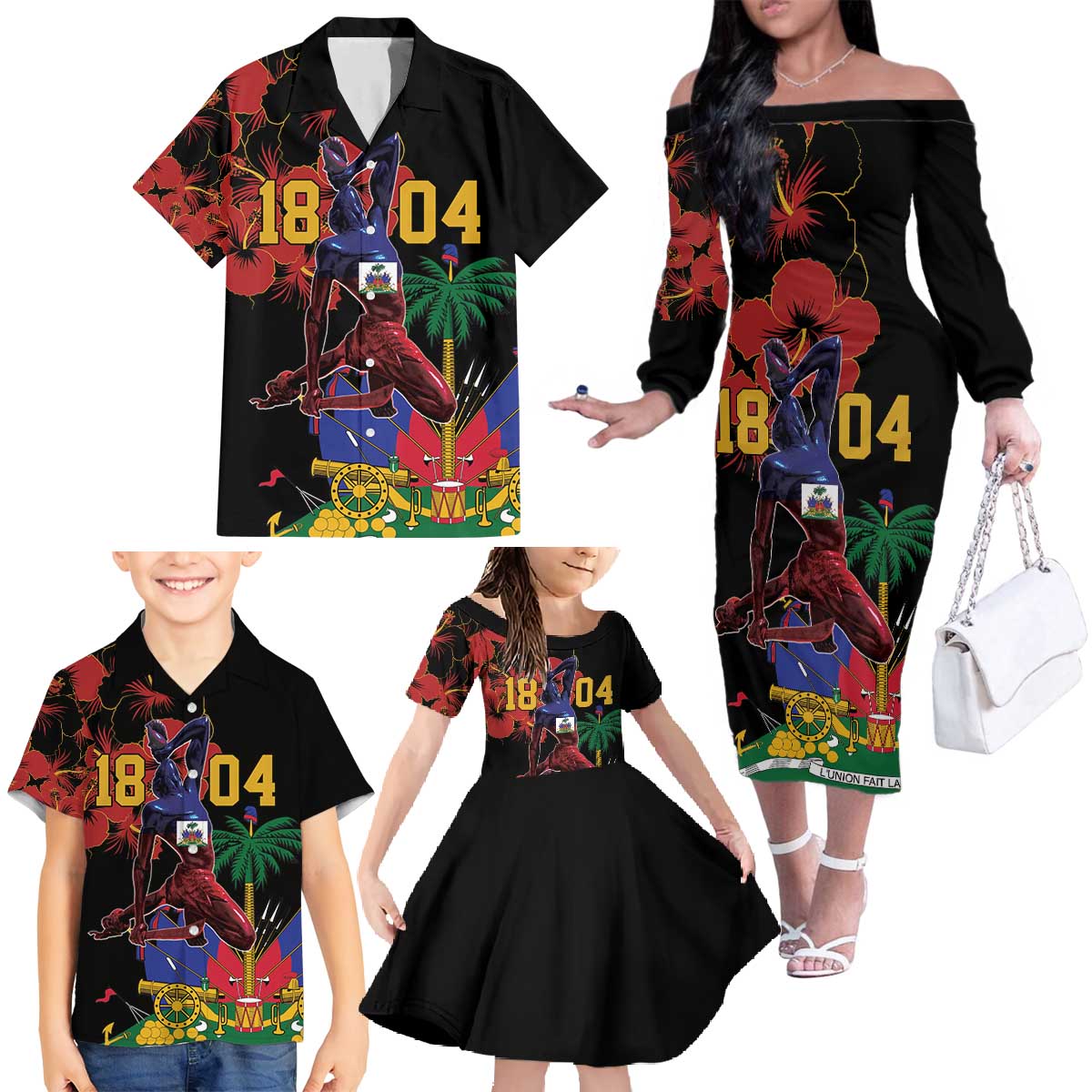 Haiti Negre Marron Family Matching Off The Shoulder Long Sleeve Dress and Hawaiian Shirt Libete Egalite Fratenite