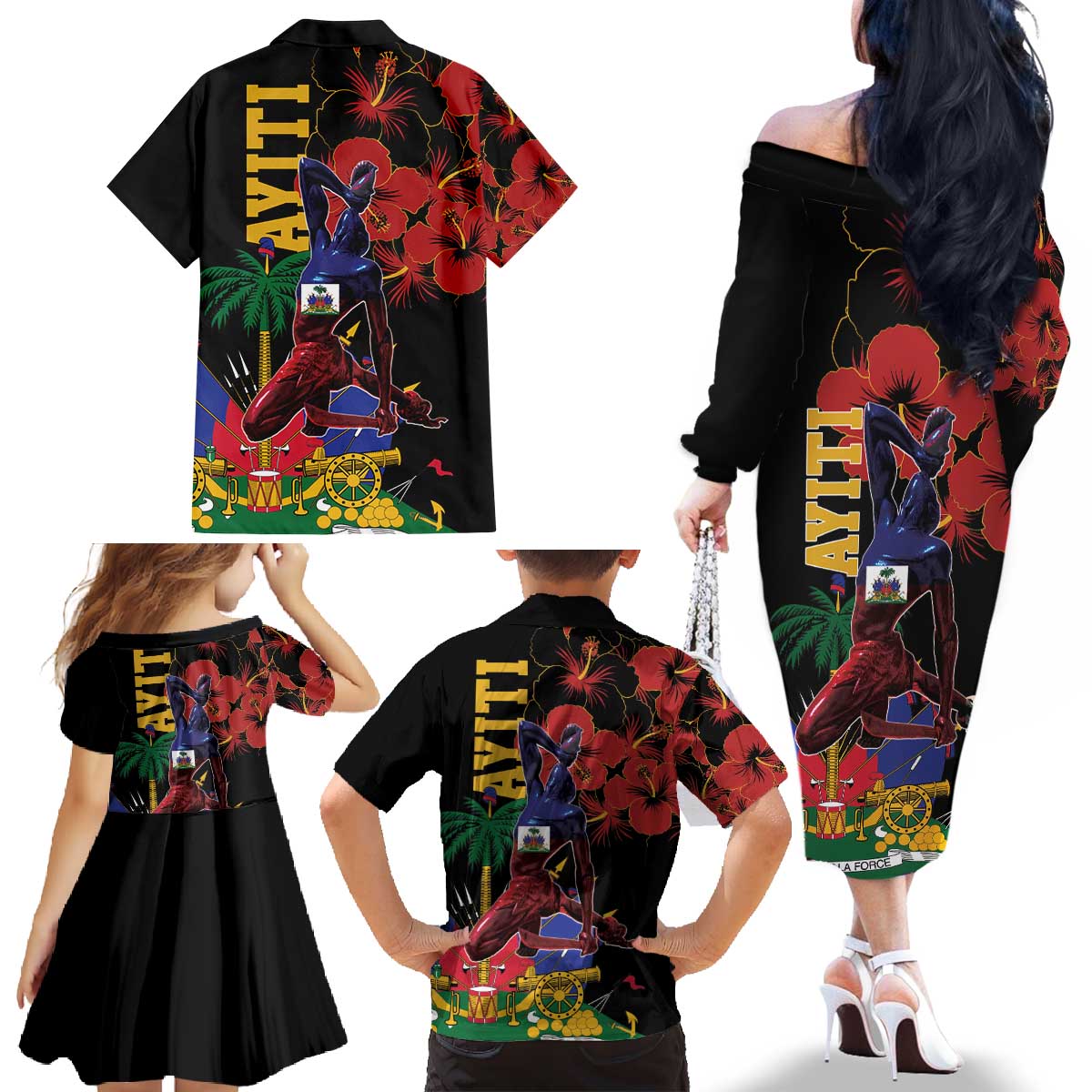 Haiti Negre Marron Family Matching Off The Shoulder Long Sleeve Dress and Hawaiian Shirt Libete Egalite Fratenite