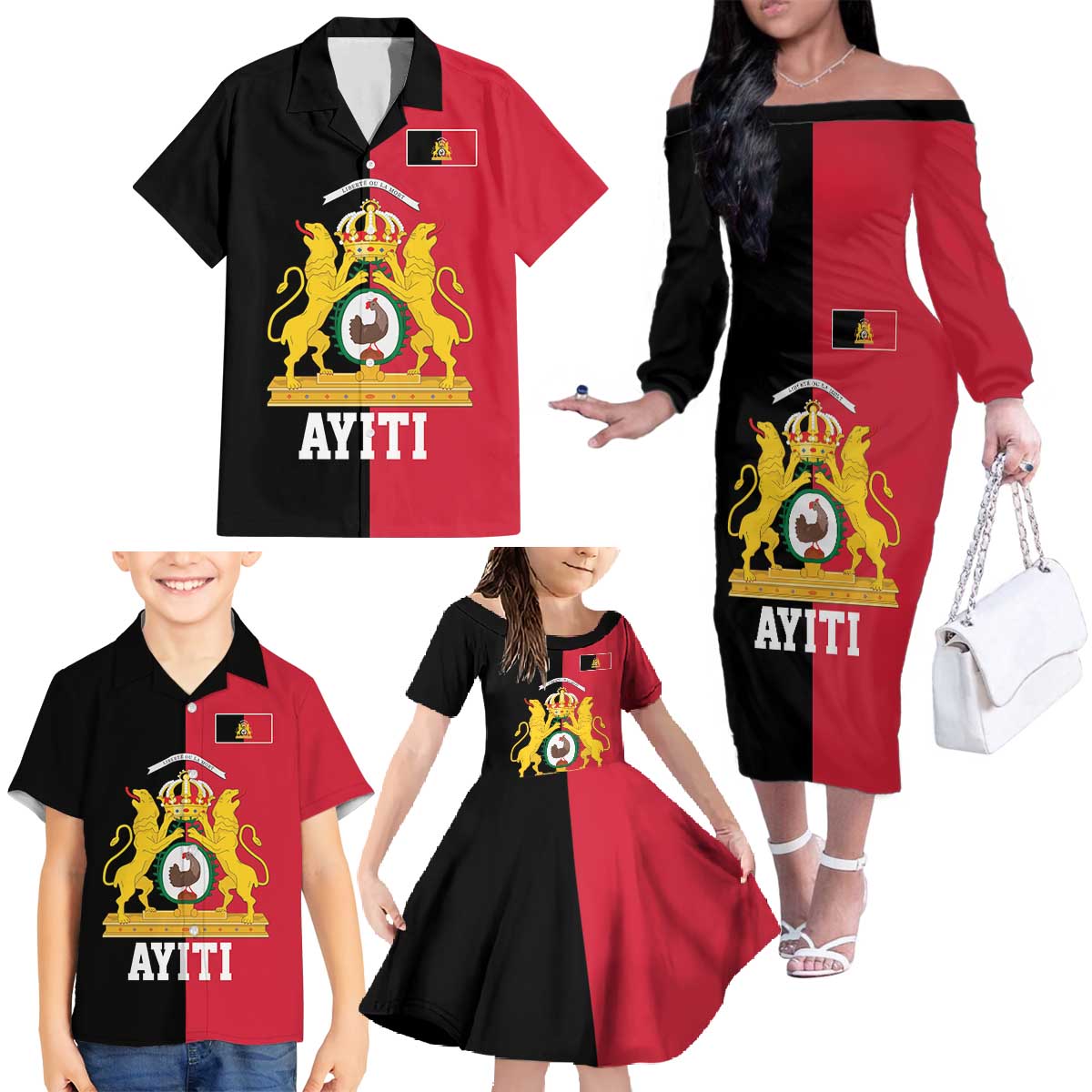 First Empire of Haiti 1804 –1806 Family Matching Off The Shoulder Long Sleeve Dress and Hawaiian Shirt Liberte ou la Mort!