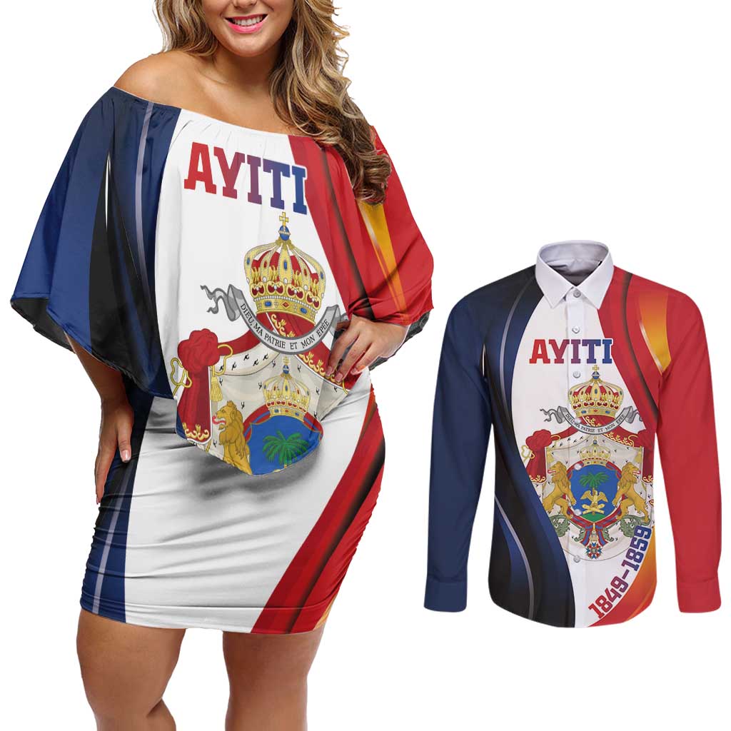 Personalized Second Empire of Haiti 1849-1859 Couples Matching Off Shoulder Short Dress and Long Sleeve Button Shirt Dieu Ma Patrie Et Mon Epee