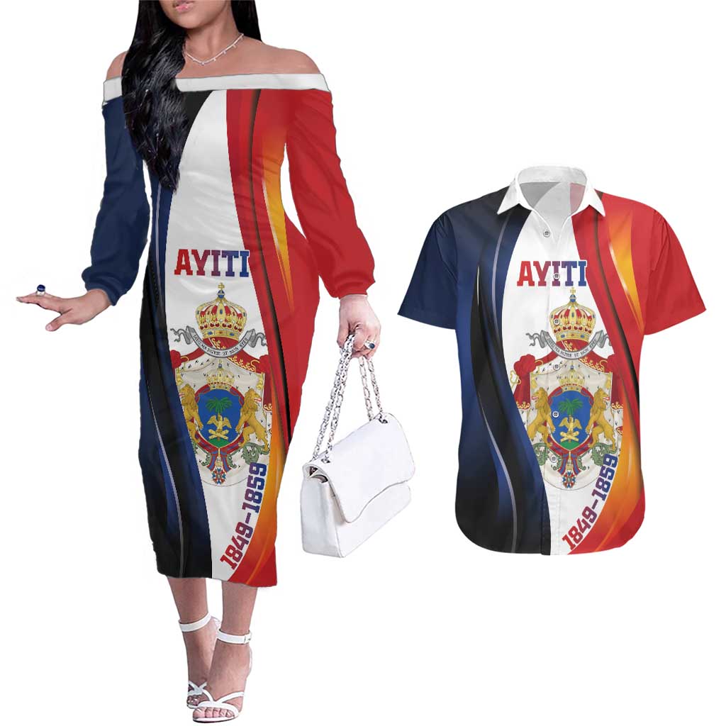 Personalized Second Empire of Haiti 1849-1859 Couples Matching Off The Shoulder Long Sleeve Dress and Hawaiian Shirt Dieu Ma Patrie Et Mon Epee