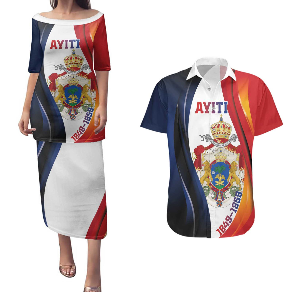 Personalized Second Empire of Haiti 1849-1859 Couples Matching Puletasi and Hawaiian Shirt Dieu Ma Patrie Et Mon Epee