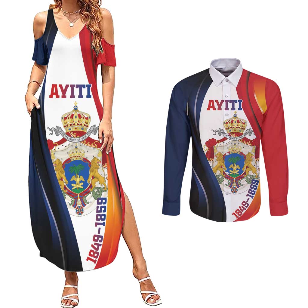 Personalized Second Empire of Haiti 1849-1859 Couples Matching Summer Maxi Dress and Long Sleeve Button Shirt Dieu Ma Patrie Et Mon Epee