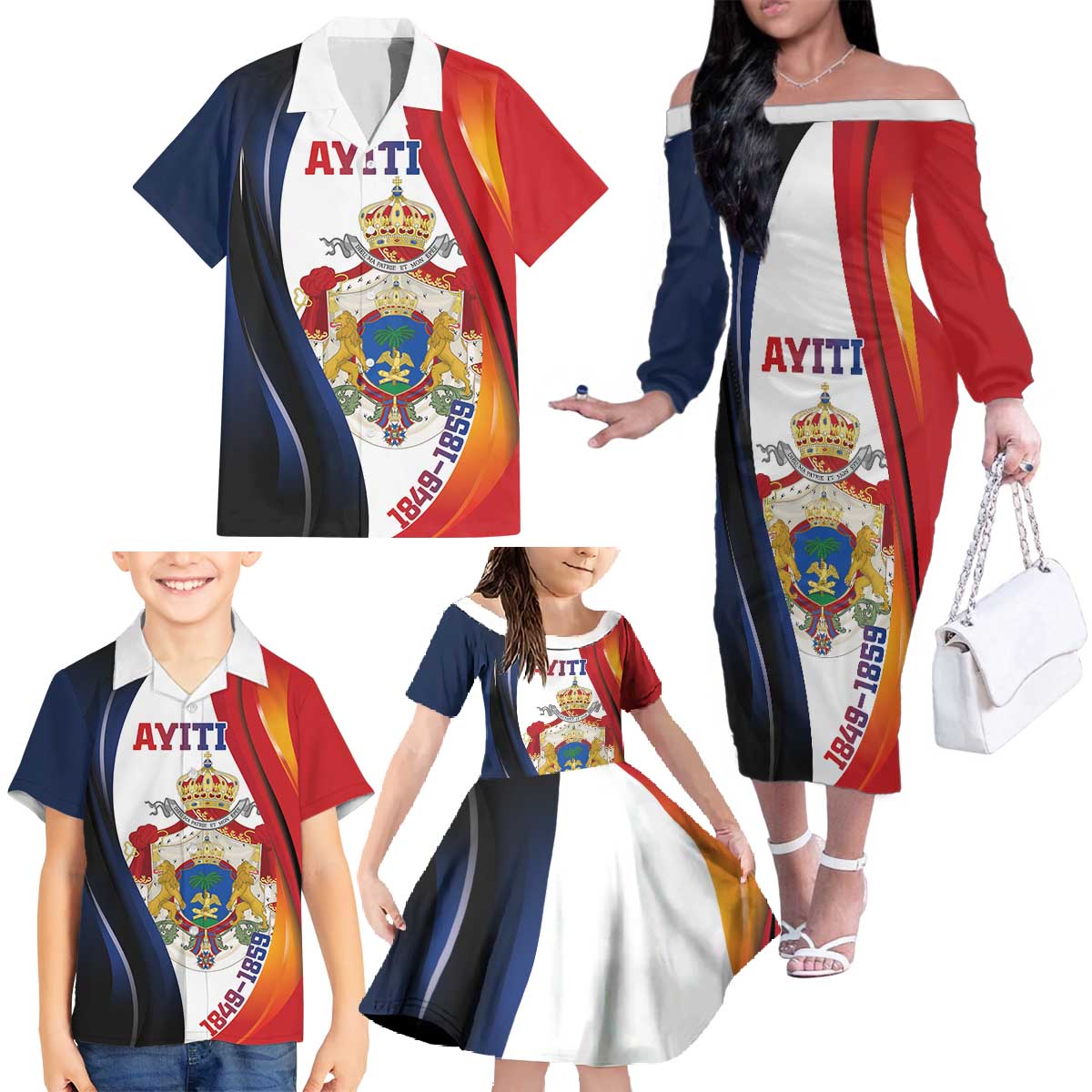 Personalized Second Empire of Haiti 1849-1859 Family Matching Off The Shoulder Long Sleeve Dress and Hawaiian Shirt Dieu Ma Patrie Et Mon Epee