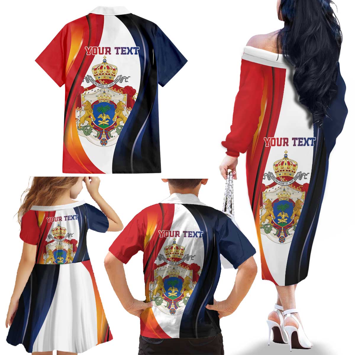 Personalized Second Empire of Haiti 1849-1859 Family Matching Off The Shoulder Long Sleeve Dress and Hawaiian Shirt Dieu Ma Patrie Et Mon Epee