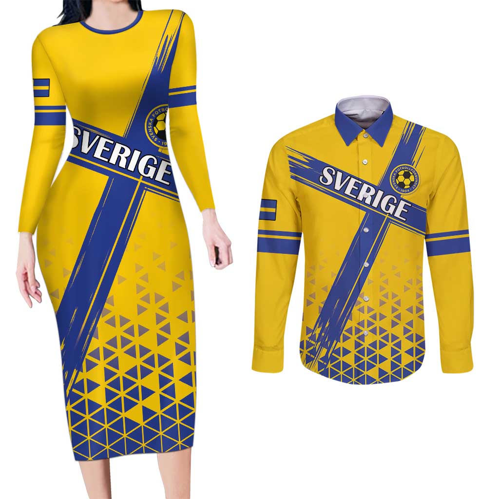 Custom Sweden Football Couples Matching Long Sleeve Bodycon Dress and Long Sleeve Button Shirt Sveriges herrlandslag i fotboll