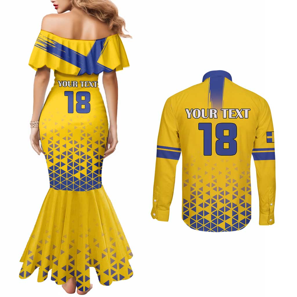 Custom Sweden Football Couples Matching Mermaid Dress and Long Sleeve Button Shirt Sveriges herrlandslag i fotboll