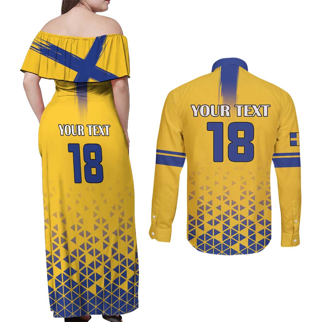 Custom Sweden Football Couples Matching Off Shoulder Maxi Dress and Long Sleeve Button Shirt Sveriges herrlandslag i fotboll