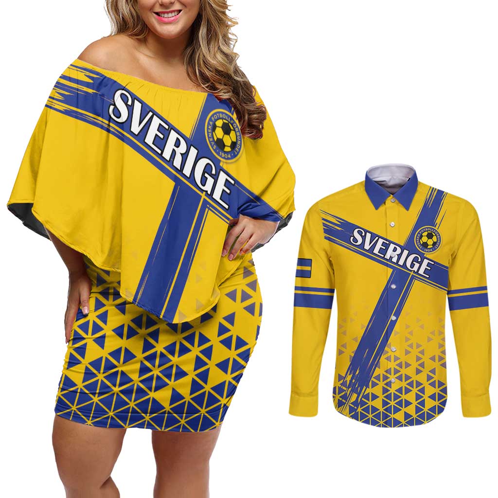 Custom Sweden Football Couples Matching Off Shoulder Short Dress and Long Sleeve Button Shirt Sveriges herrlandslag i fotboll