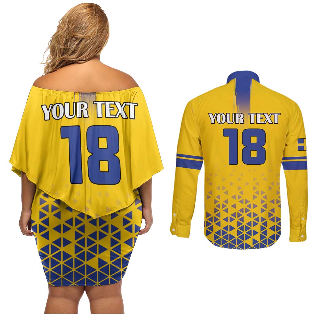 Custom Sweden Football Couples Matching Off Shoulder Short Dress and Long Sleeve Button Shirt Sveriges herrlandslag i fotboll