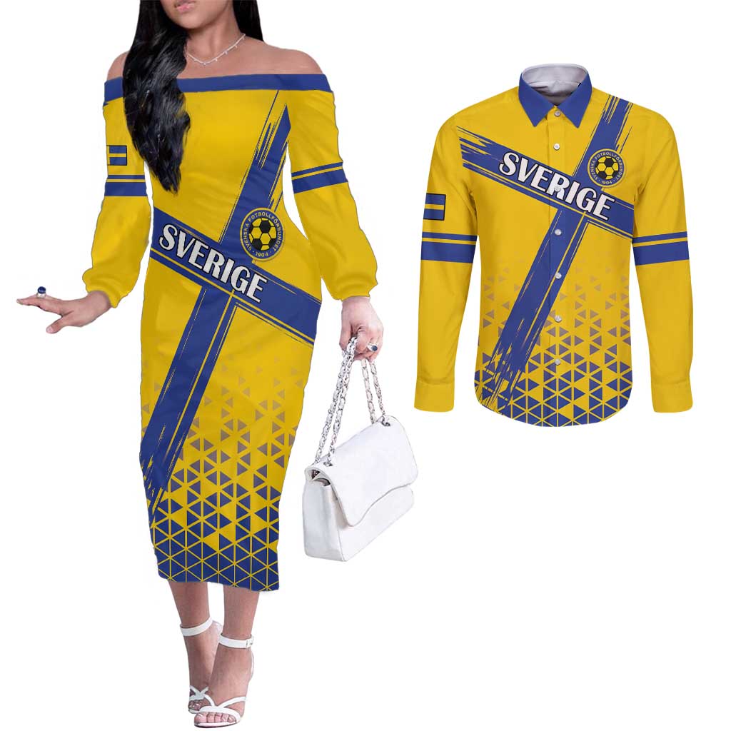 Custom Sweden Football Couples Matching Off The Shoulder Long Sleeve Dress and Long Sleeve Button Shirt Sveriges herrlandslag i fotboll