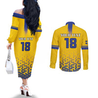 Custom Sweden Football Couples Matching Off The Shoulder Long Sleeve Dress and Long Sleeve Button Shirt Sveriges herrlandslag i fotboll