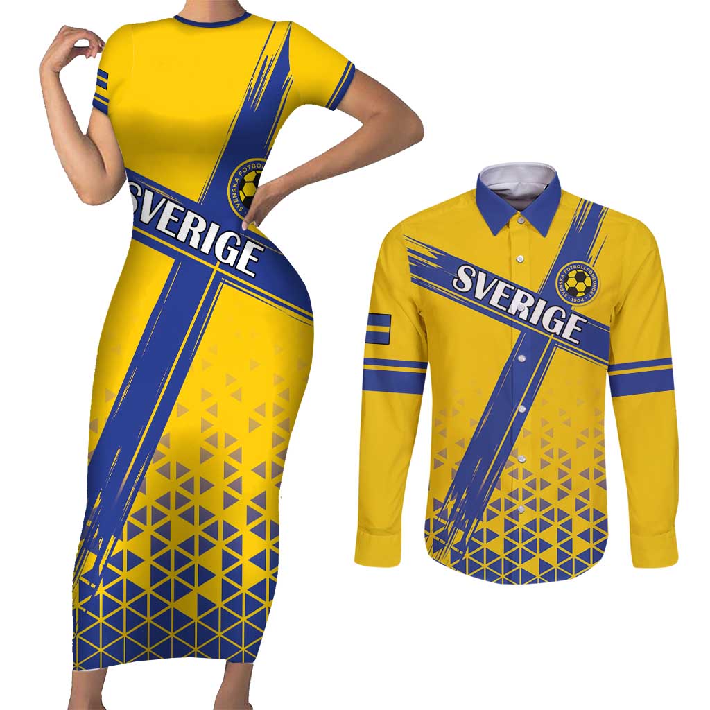 Custom Sweden Football Couples Matching Short Sleeve Bodycon Dress and Long Sleeve Button Shirt Sveriges herrlandslag i fotboll