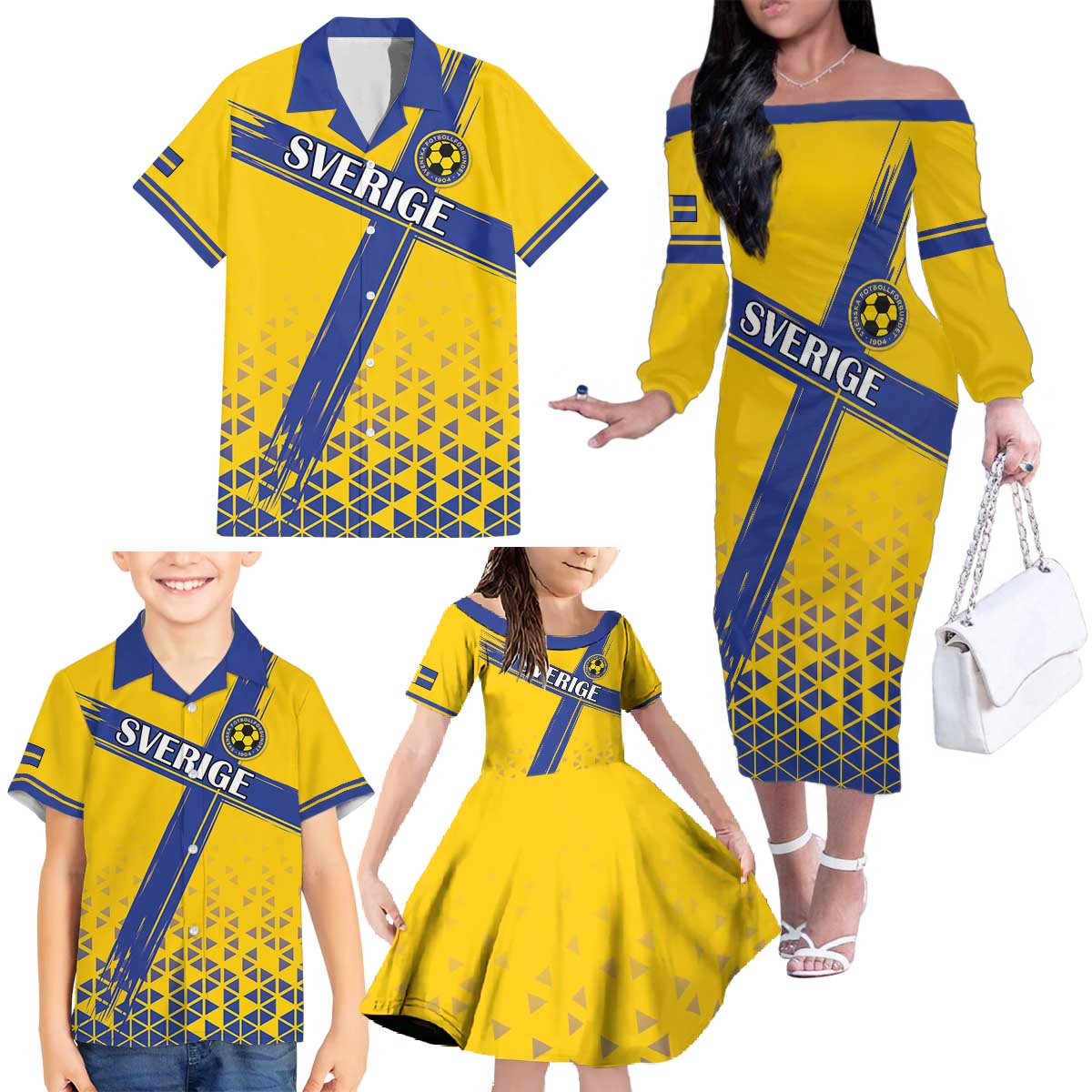 Custom Sweden Football Family Matching Off The Shoulder Long Sleeve Dress and Hawaiian Shirt Sveriges herrlandslag i fotboll