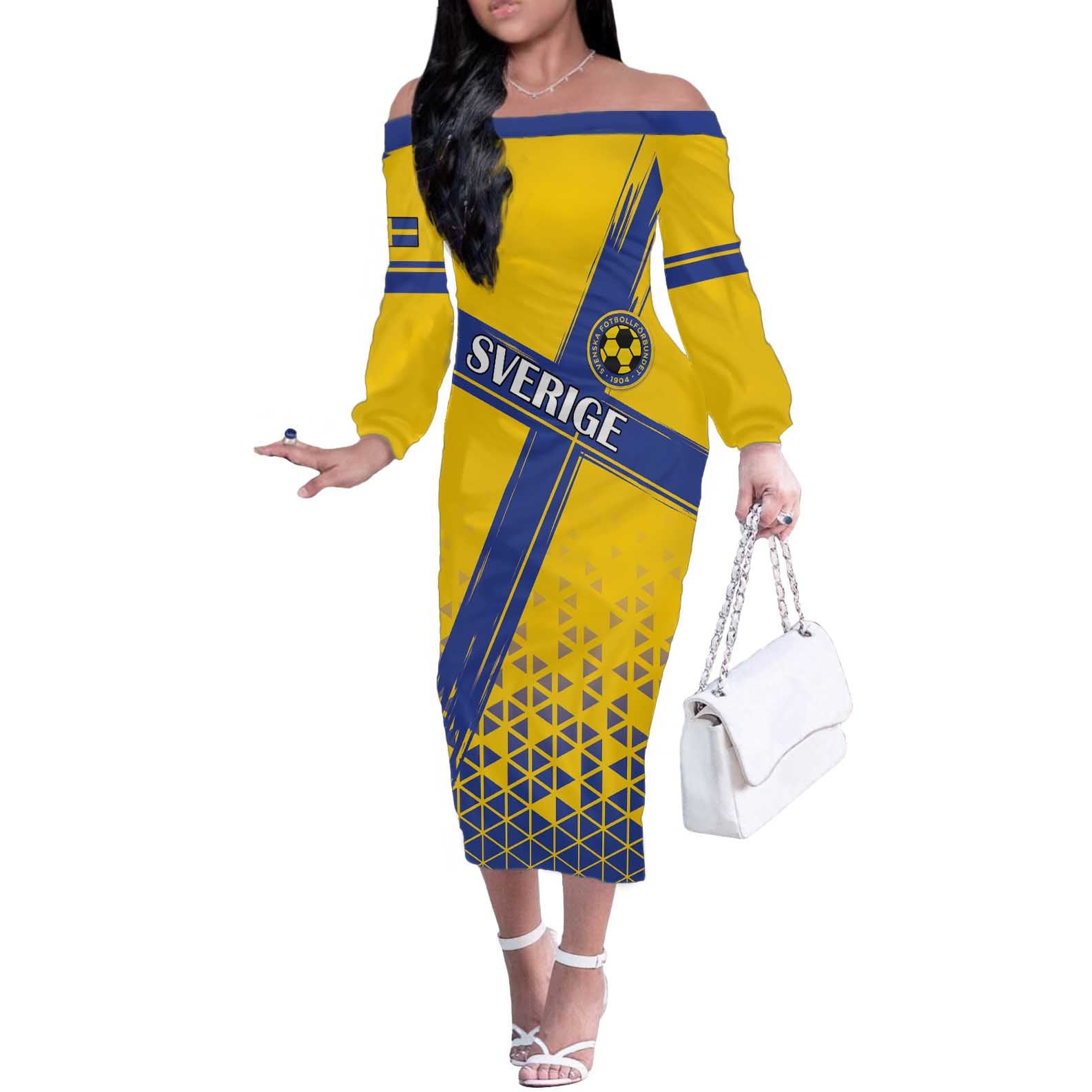Custom Sweden Football Off The Shoulder Long Sleeve Dress Sveriges herrlandslag i fotboll