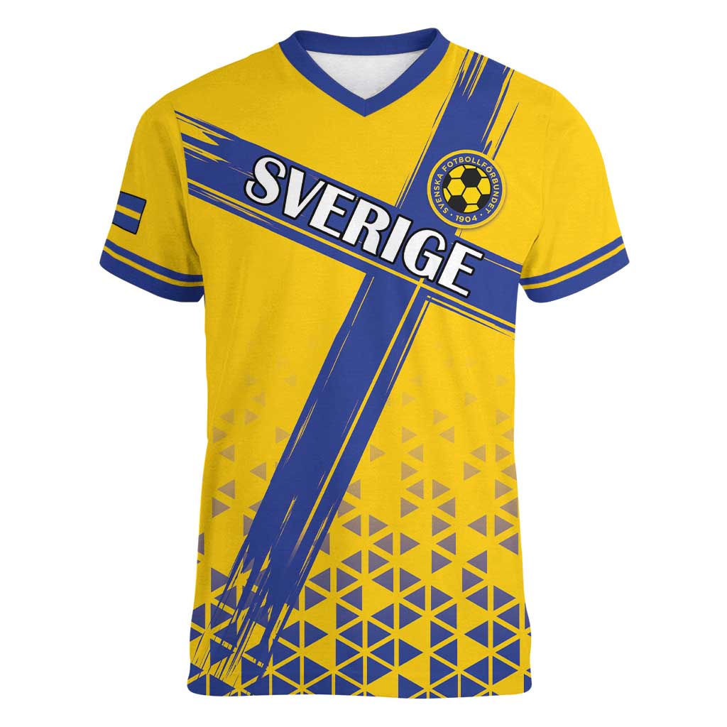 Custom Sweden Football Women V-Neck T-Shirt Sveriges herrlandslag i fotboll