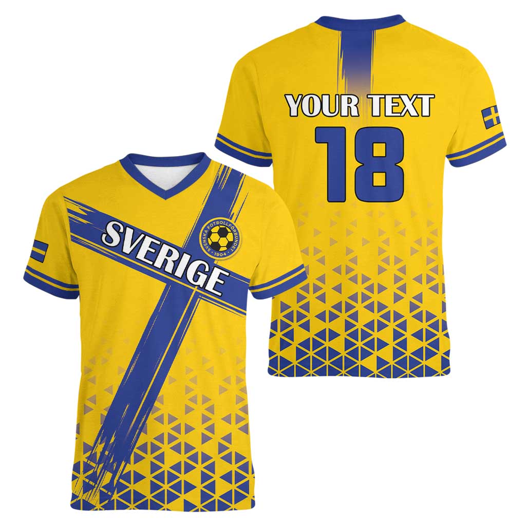 Custom Sweden Football Women V-Neck T-Shirt Sveriges herrlandslag i fotboll
