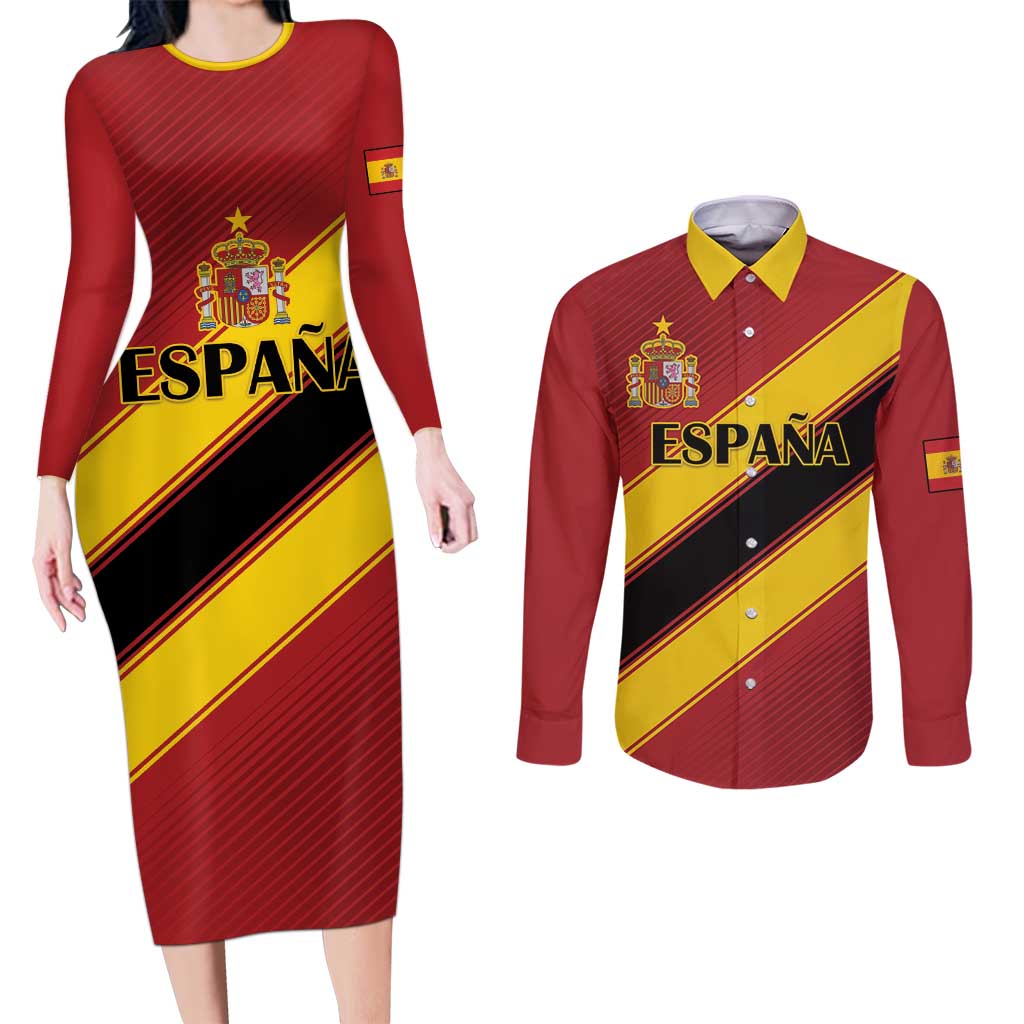 Custom Spain Football Couples Matching Long Sleeve Bodycon Dress and Long Sleeve Button Shirt Come On La Roja Sporty Style