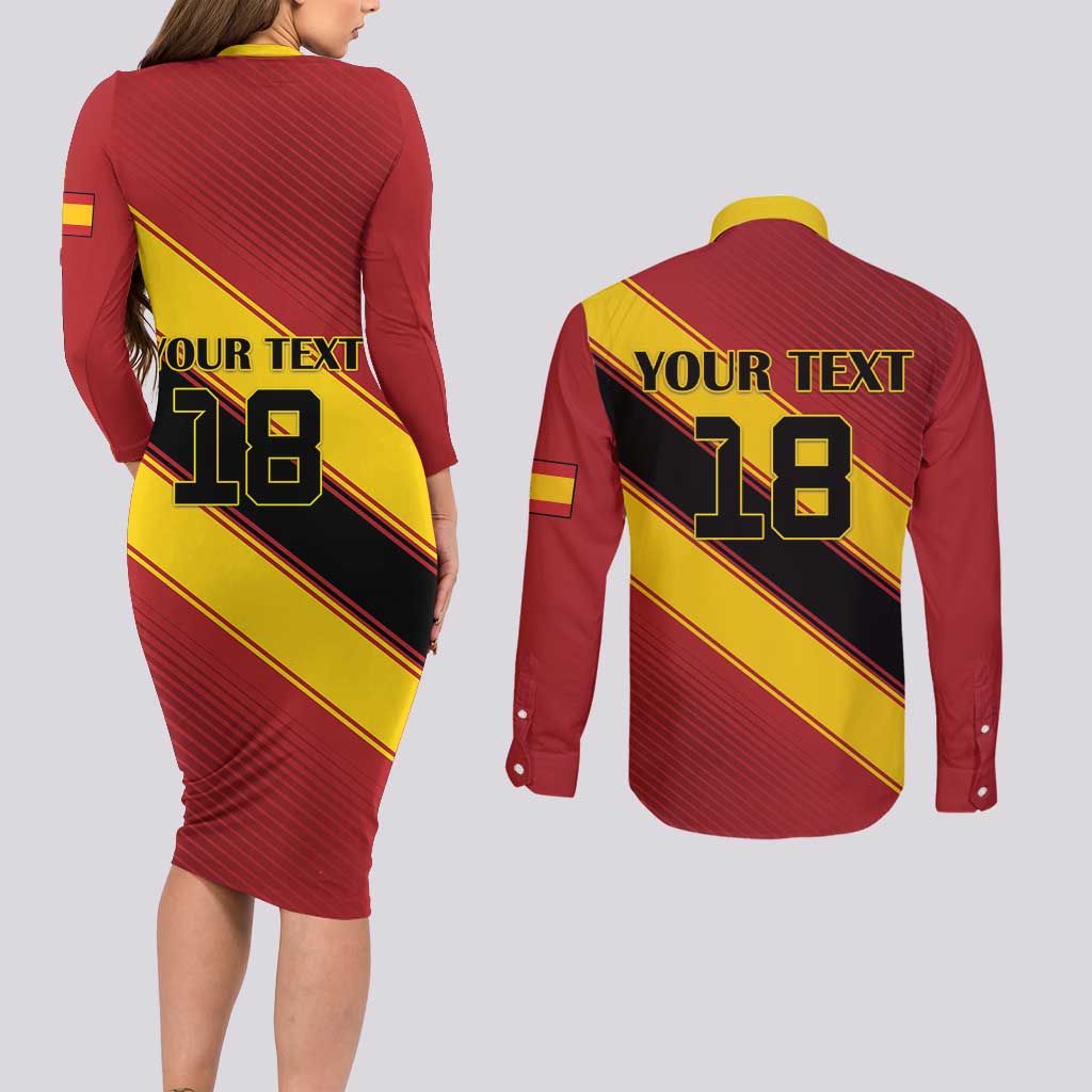 Custom Spain Football Couples Matching Long Sleeve Bodycon Dress and Long Sleeve Button Shirt Come On La Roja Sporty Style