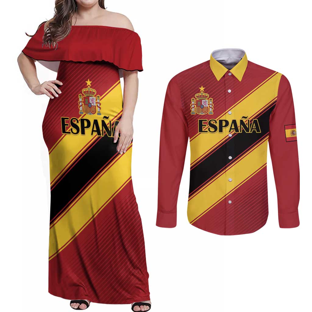 Custom Spain Football Couples Matching Off Shoulder Maxi Dress and Long Sleeve Button Shirt Come On La Roja Sporty Style