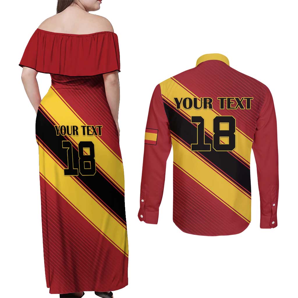 Custom Spain Football Couples Matching Off Shoulder Maxi Dress and Long Sleeve Button Shirt Come On La Roja Sporty Style