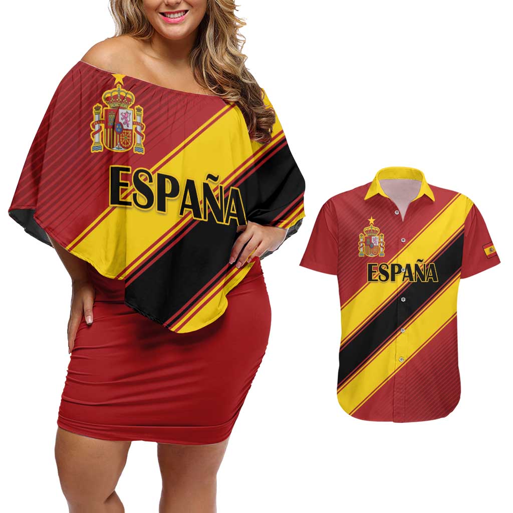 Custom Spain Football Couples Matching Off Shoulder Short Dress and Hawaiian Shirt Come On La Roja Sporty Style