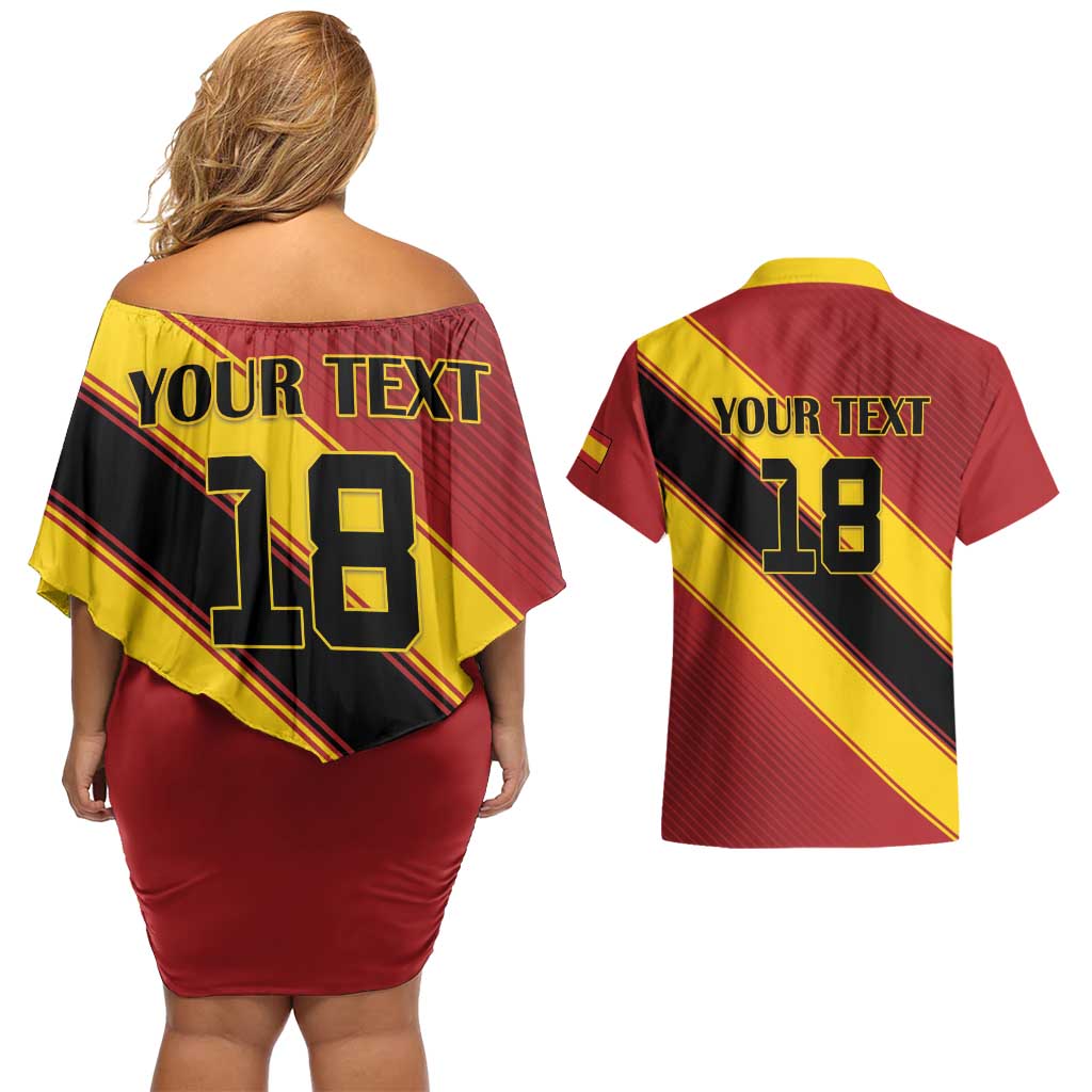 Custom Spain Football Couples Matching Off Shoulder Short Dress and Hawaiian Shirt Come On La Roja Sporty Style