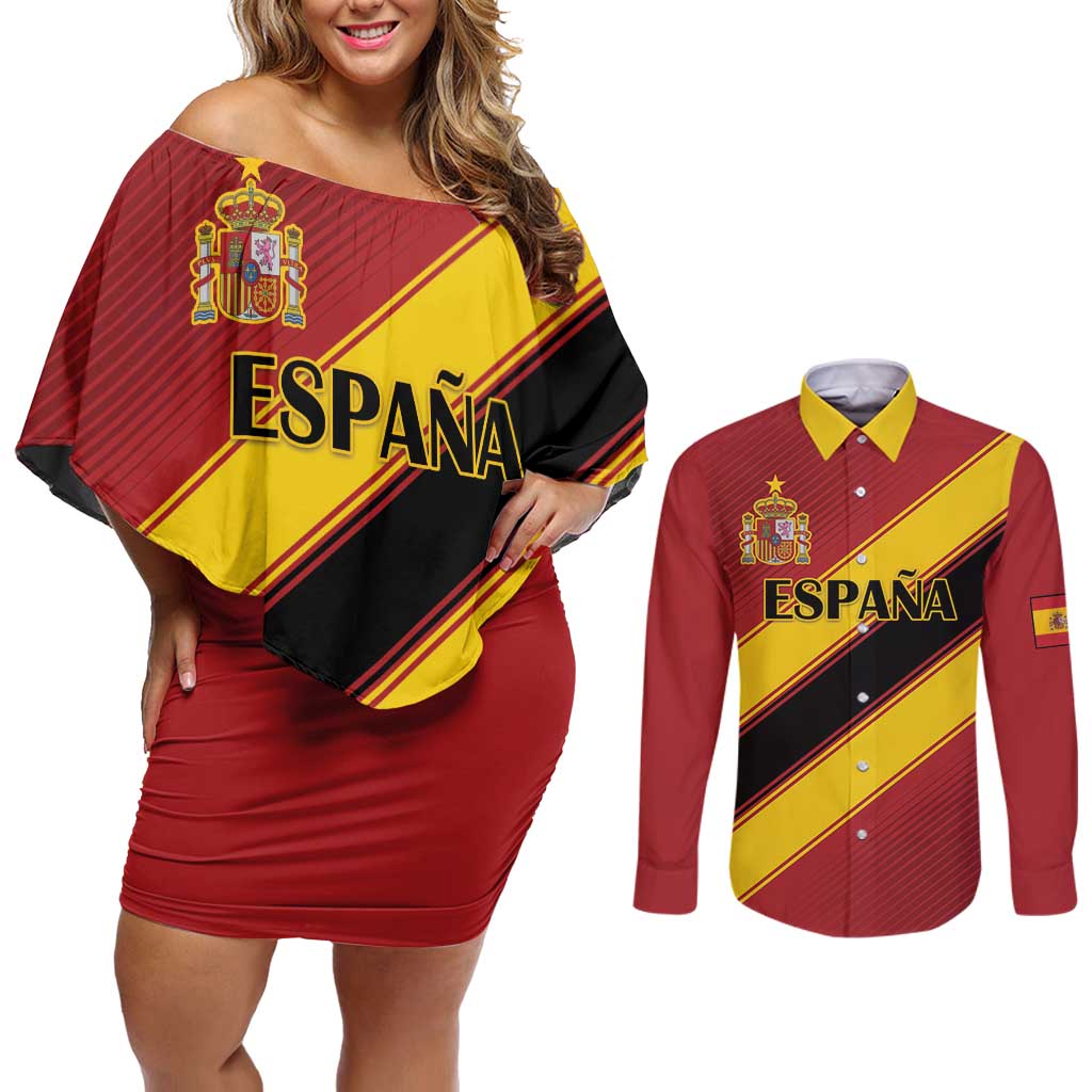 Custom Spain Football Couples Matching Off Shoulder Short Dress and Long Sleeve Button Shirt Come On La Roja Sporty Style