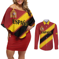 Custom Spain Football Couples Matching Off Shoulder Short Dress and Long Sleeve Button Shirt Come On La Roja Sporty Style
