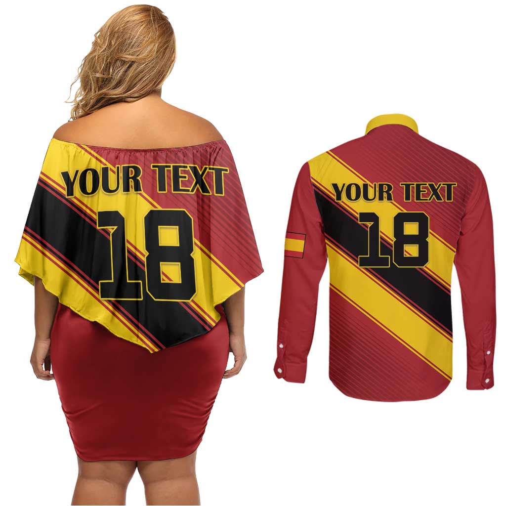 Custom Spain Football Couples Matching Off Shoulder Short Dress and Long Sleeve Button Shirt Come On La Roja Sporty Style