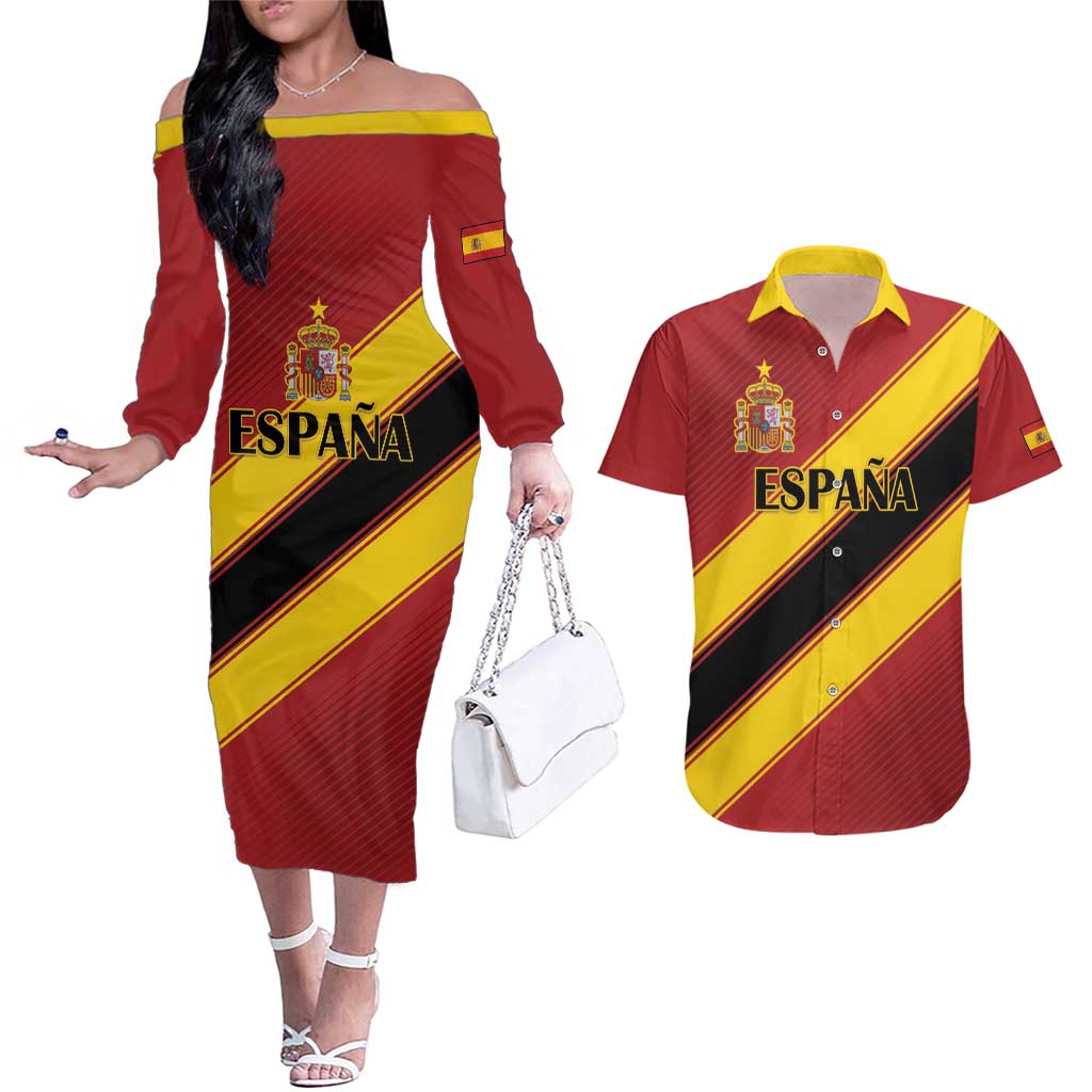 Custom Spain Football Couples Matching Off The Shoulder Long Sleeve Dress and Hawaiian Shirt Come On La Roja Sporty Style