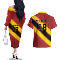 Custom Spain Football Couples Matching Off The Shoulder Long Sleeve Dress and Hawaiian Shirt Come On La Roja Sporty Style
