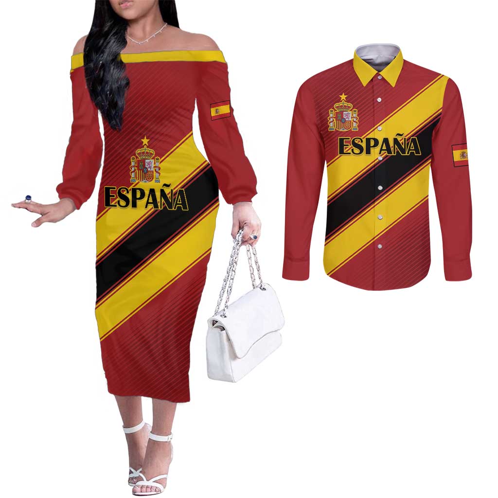Custom Spain Football Couples Matching Off The Shoulder Long Sleeve Dress and Long Sleeve Button Shirt Come On La Roja Sporty Style