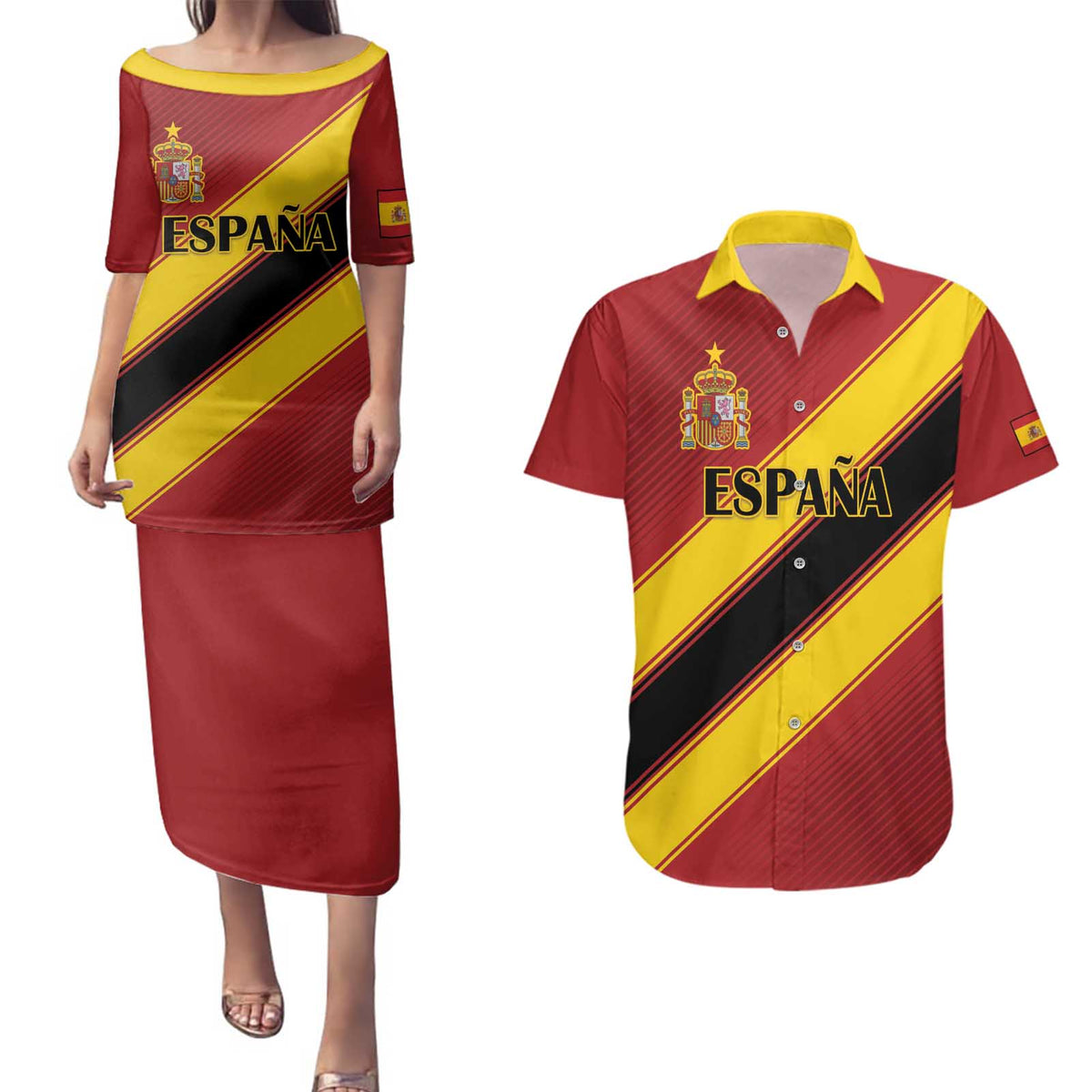 Custom Spain Football Couples Matching Puletasi and Hawaiian Shirt Come On La Roja Sporty Style