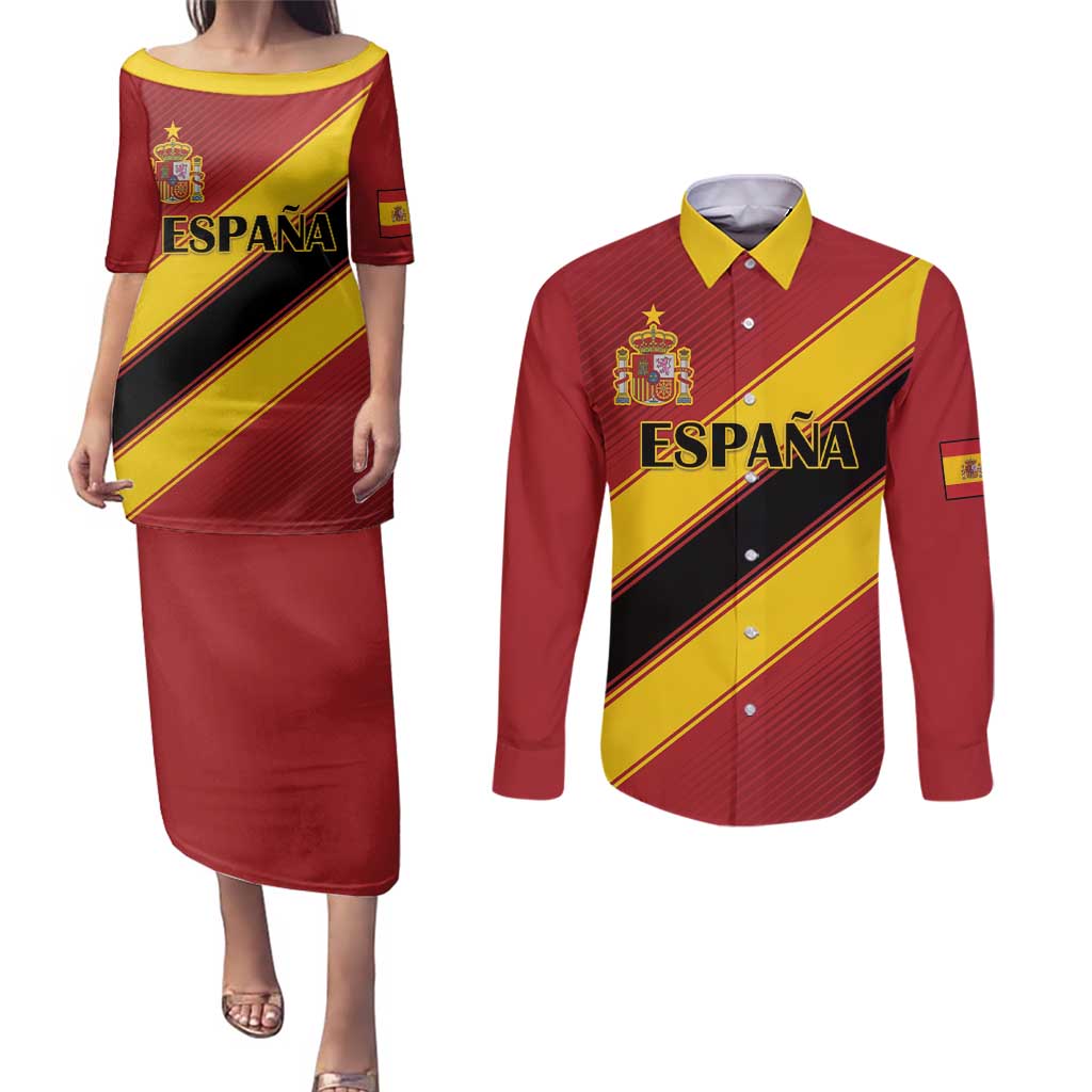 Custom Spain Football Couples Matching Puletasi and Long Sleeve Button Shirt Come On La Roja Sporty Style