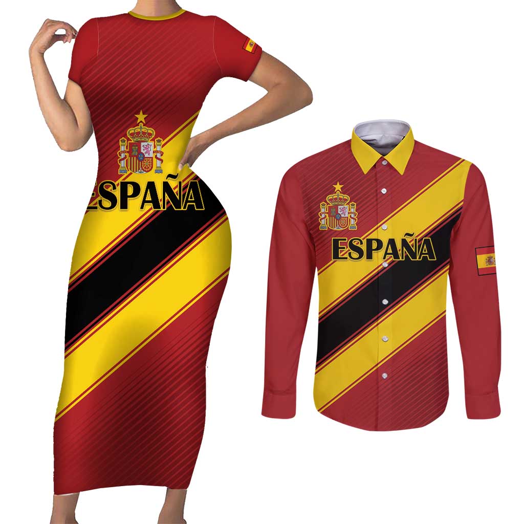 Custom Spain Football Couples Matching Short Sleeve Bodycon Dress and Long Sleeve Button Shirt Come On La Roja Sporty Style