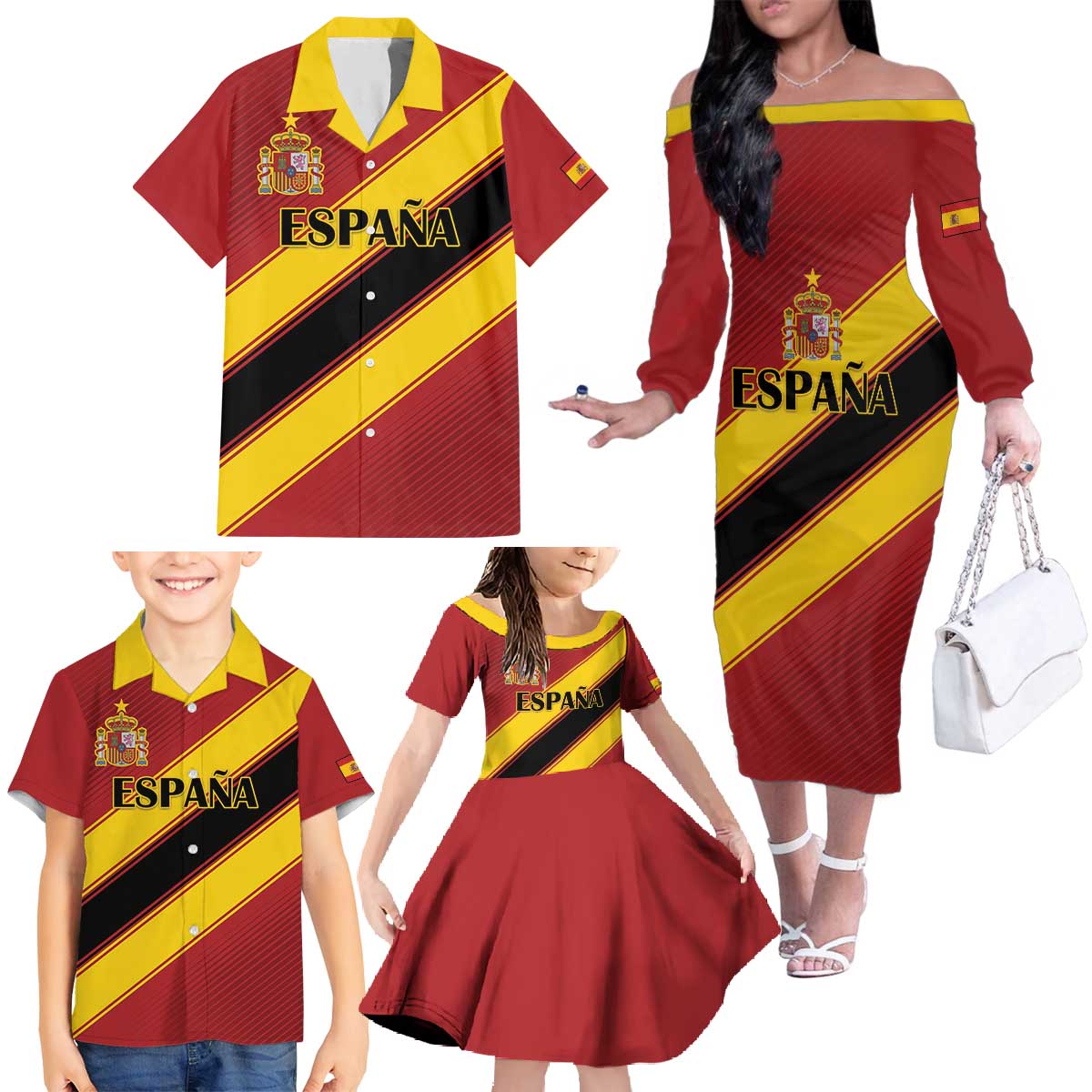 Custom Spain Football Family Matching Off The Shoulder Long Sleeve Dress and Hawaiian Shirt Come On La Roja Sporty Style