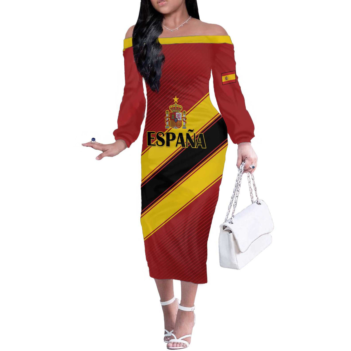 Custom Spain Football Off The Shoulder Long Sleeve Dress Come On La Roja Sporty Style