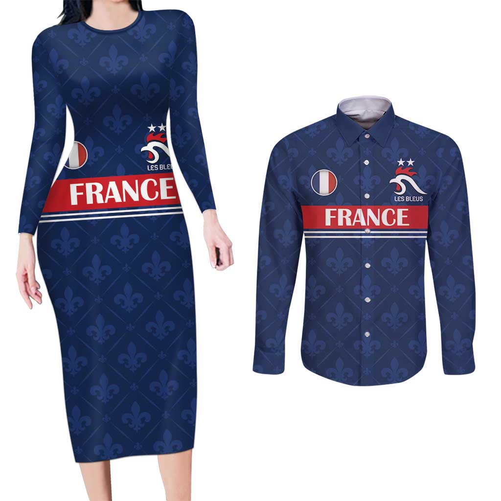 Custom France Football Couples Matching Long Sleeve Bodycon Dress and Long Sleeve Button Shirt Les Bleus French Heraldry Pattern