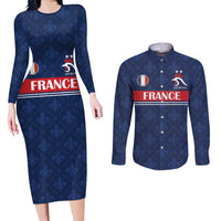 Custom France Football Couples Matching Long Sleeve Bodycon Dress and Long Sleeve Button Shirt Les Bleus French Heraldry Pattern