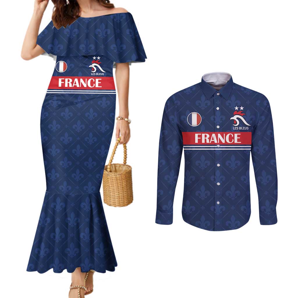 Custom France Football Couples Matching Mermaid Dress and Long Sleeve Button Shirt Les Bleus French Heraldry Pattern