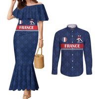 Custom France Football Couples Matching Mermaid Dress and Long Sleeve Button Shirt Les Bleus French Heraldry Pattern