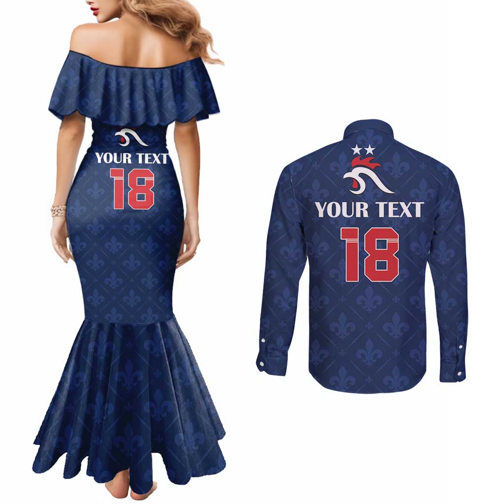 Custom France Football Couples Matching Mermaid Dress and Long Sleeve Button Shirt Les Bleus French Heraldry Pattern